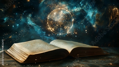 Glowing diagram of a natal chart and an open magic book
