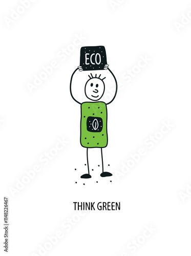 Vector hand drawn cartoon sketch of boy supporting Environmentally friendly planet concept.Think Green.