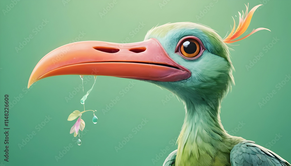 Obraz premium Vibrant Digital Art of a Curious Exotic Bird with a Large Beak Holding a Flower and Water Droplets Against a Soft Green Background
