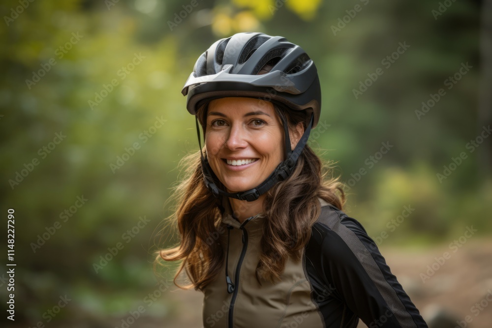 Portrait of a smiling woman wearing a bicycle helmet in a forest Portrait of a smiling woman wearing a bicycle helmet in a forest