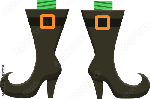 Pair of witch s boots with green socks and orange buckles standing on a white background, creating a spooky and festive Halloween atmosphere