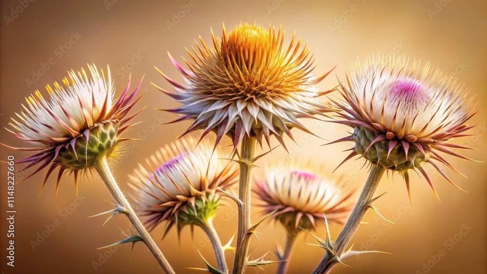 Obraz premium Golden Hour Thistle Blooms A Close-Up Study of Delicate Spines and Soft Petals
