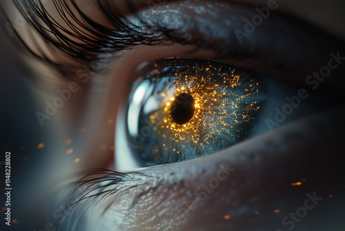 Close-up of an eye with glowing particles inside the iris. Looks like galaxy or data connections reflecting in eye. Surreal vision of artificial intelligence.
