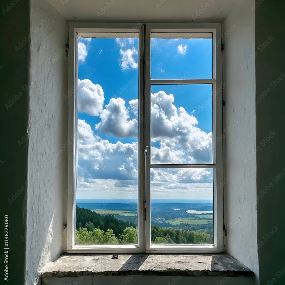 window of room overlooking blue sky with white cloud window of room overlooking blue sky with white cloud