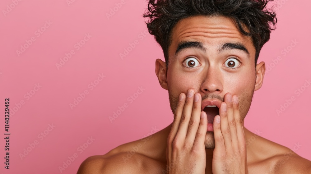 Shocked young man with wide eyes and hands on face for surprise or reaction-based branding ads Shocked young man with wide eyes and hands on face for surprise or reaction-based branding ads