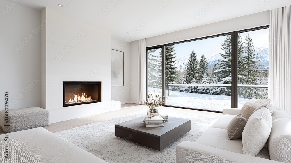 Fototapeta premium Modern minimalist living room interior with a burning fireplace and a large window overlooking a snowy winter forest.