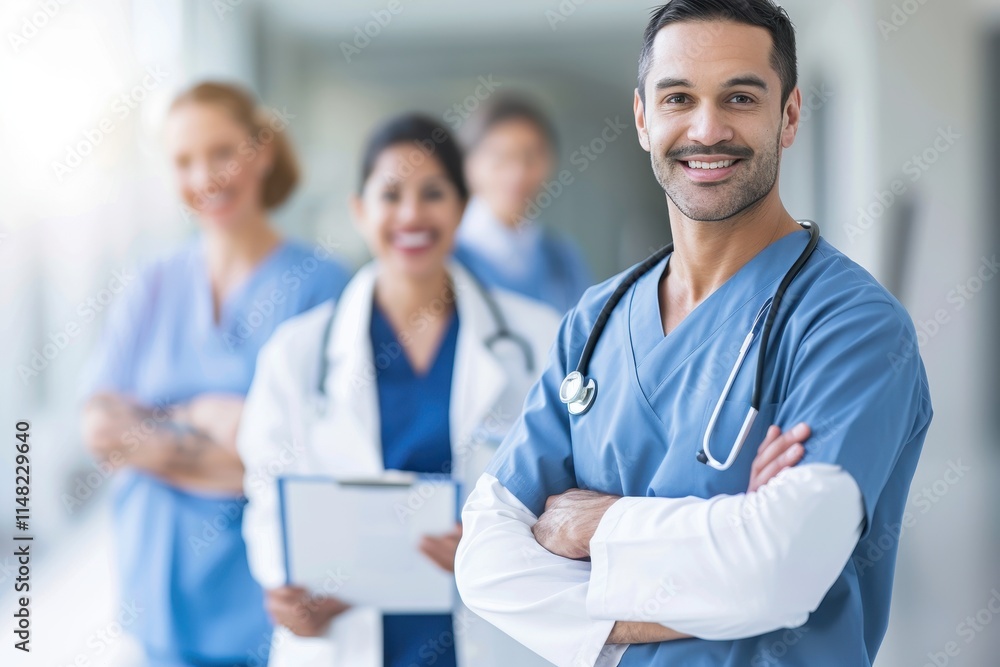 A team of healthcare professionals smiles confidently in a hospital setting, showcasing their dedication to patient care and teamwork. A team of healthcare professionals smiles confidently in a hospital setting, showcasing their dedication to patient care and teamwork.