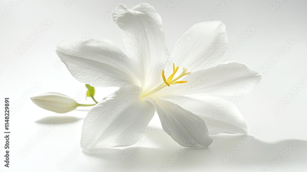 Elegant White Flower on Soft Background with Delicate Petals and Vibrant Yellow Stamens Bringing a Touch of Natural Beauty and Serenity to Any Design or Project Elegant White Flower on Soft Background with Delicate Petals and Vibrant Yellow Stamens Bringing a Touch of Natural Beauty and Serenity to Any Design or Project