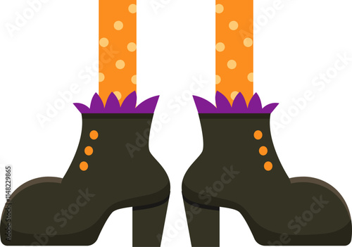 Witch legs wearing black boots with purple frills and orange tights with polka dots, celebrating halloween party, vector illustration isolated on white background