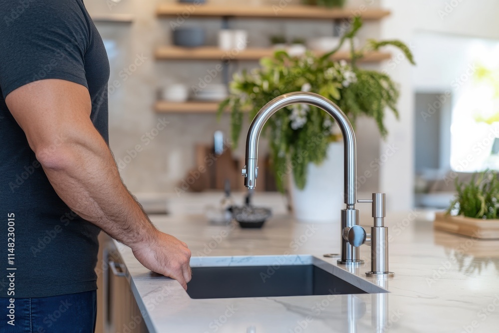 A man stands by a modern kitchen sink preparing for culinary tasks, showcasing a clean and organized kitchen environment that enhances kitchen efficiency and aesthetics. A man stands by a modern kitchen sink preparing for culinary tasks, showcasing a clean and organized kitchen environment that enhances kitchen efficiency and aesthetics.