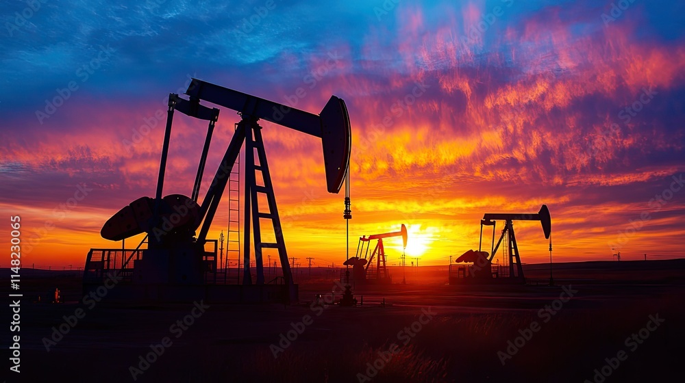 Naklejka premium Dramatic Sunset Over Oil Pumps with Silhouettes Against Colorful Sky and Vibrant Clouds, Highlighting Energy Production and Nature's Beauty at Dusk