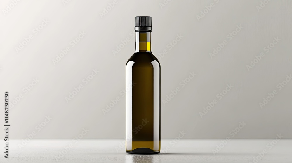 Transparent glass bottle with dark green oil, placed on a minimalistic light background with soft shadows enhancing its elegant appearance and design. Transparent glass bottle with dark green oil, placed on a minimalistic light background with soft shadows enhancing its elegant appearance and design.