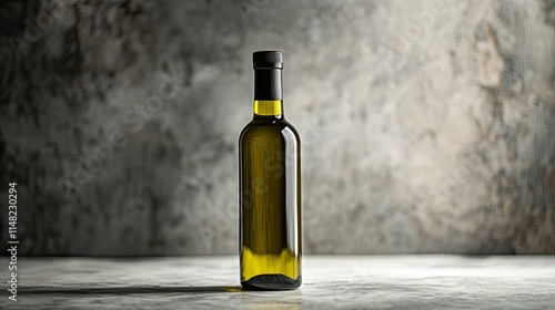 Glass bottle of olive oil with a dark background, featuring an elegant design, perfect for culinary uses, recipes, healthy lifestyle, and food photography compositions. photo