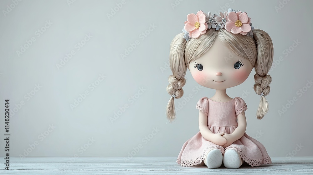A cute doll with pigtails and flowers, sitting against a neutral background. A cute doll with pigtails and flowers, sitting against a neutral background.