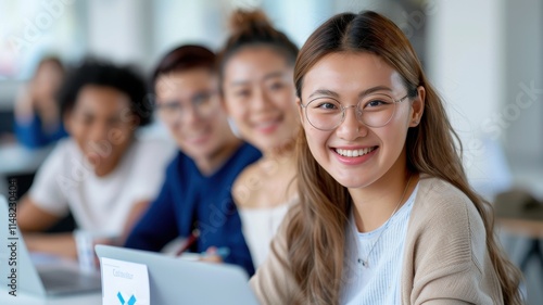 A cheerful young woman smiles at the camera while studying with friends in a bright, modern classroom setting.