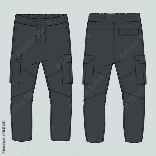 Black color sweatpants with pocket vector illustration template front and back views