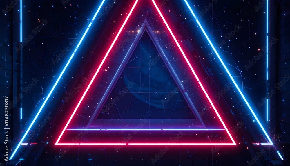 Obraz premium Futuristic Neon Triangle Design with Blue and Pink Glowing Lights in a Digital Abstract Background 