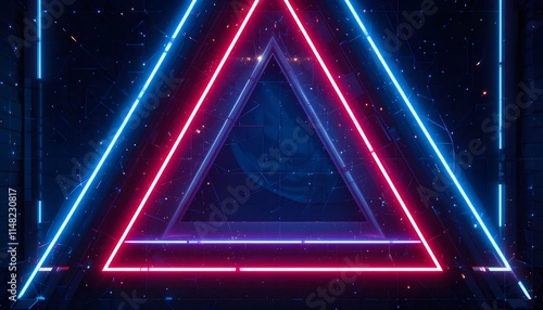 Futuristic Neon Triangle Design with Blue and Pink Glowing Lights in a Digital Abstract Background 