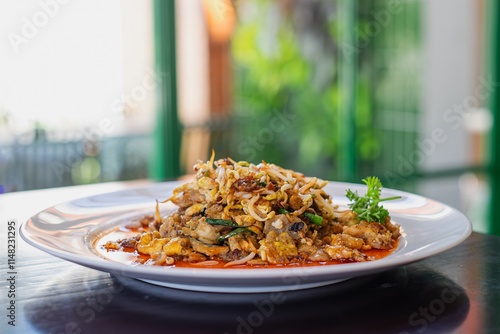 A plate of Hawker-style Oyster Omelette containing stir-fried oyster and fried egg, bean sprouts, and some vegetables with chili sauce and bokeh background