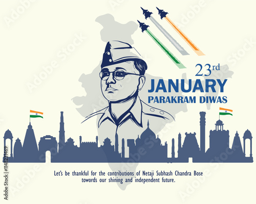 illustration of Indian background, banner, poster or card with Nation Hero and Freedom Fighter Subhash Chandra Bose Pride of India for 23rd January.