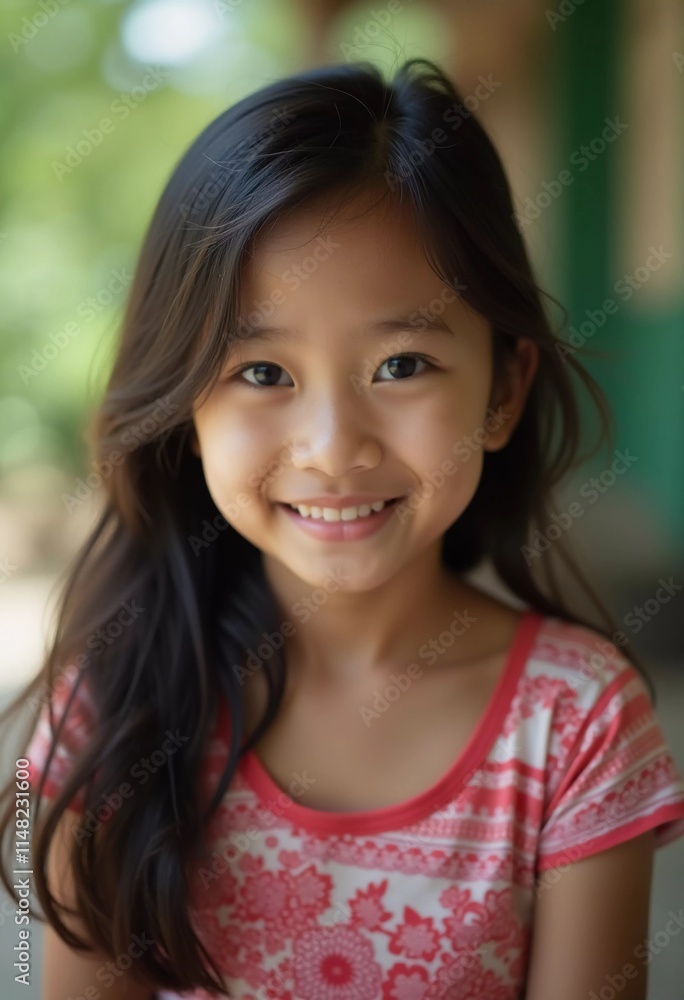 A cheerful girl from Thailand with long hair smiles warmly while in a sunny outdoor location. Her colorful shirt highlights her joyful expression, reflecting happiness and innocence. Generative AI A cheerful girl from Thailand with long hair smiles warmly while in a sunny outdoor location. Her colorful shirt highlights her joyful expression, reflecting happiness and innocence. Generative AI