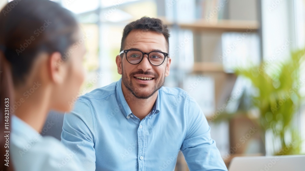 A man in glasses smiles while engaging in conversation with a woman, set in a modern, bright office environment filled with greenery. A man in glasses smiles while engaging in conversation with a woman, set in a modern, bright office environment filled with greenery.