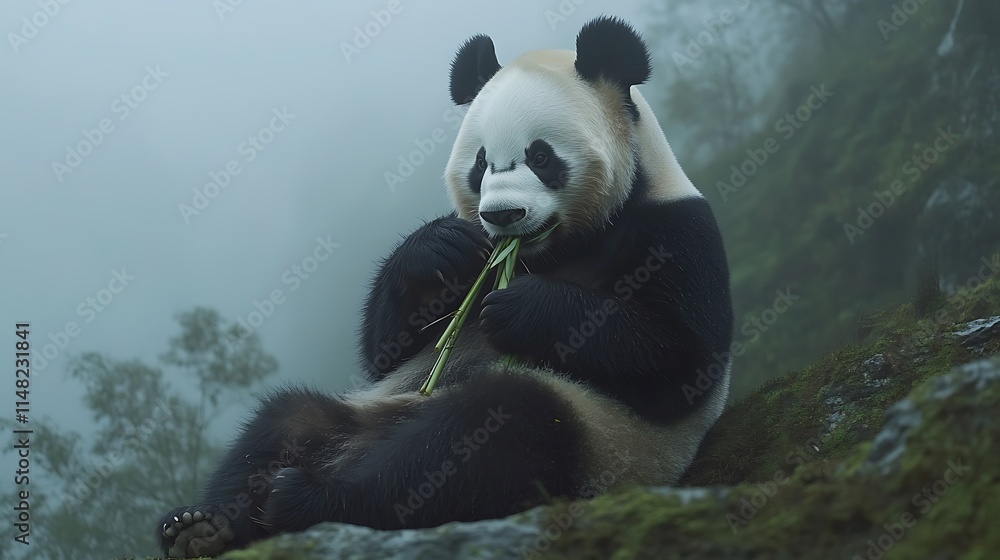 Obraz premium Panda eating bamboo in fog.