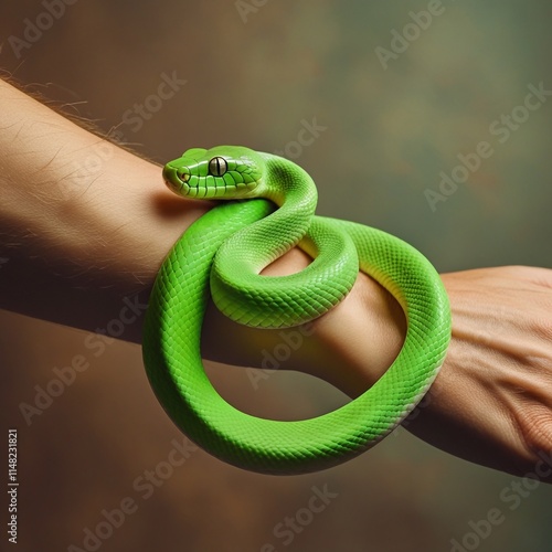 A green thin snake on a man's hand photo