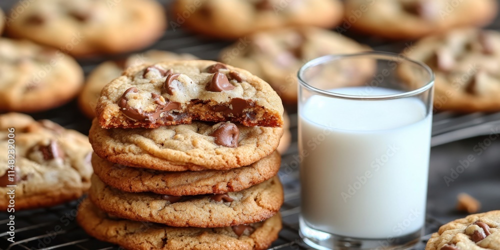 Stack of chocolate chip cookies with a glass of milk. Stack of chocolate chip cookies with a glass of milk.