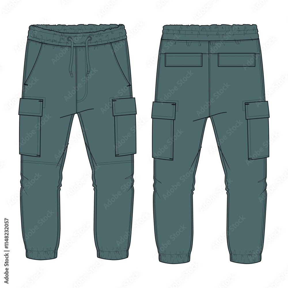 Green Color Sweatpants template with pocket front and back views isolated on white background Green Color Sweatpants template with pocket front and back views isolated on white background