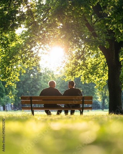 Two men sitting on park bench at sunset.