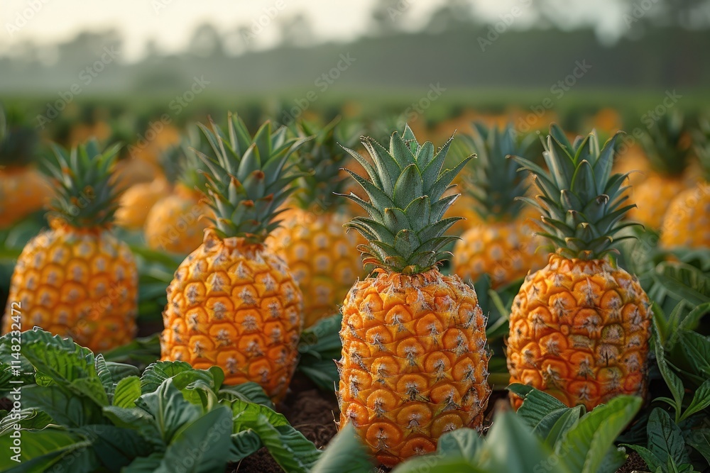 Ripe pineapples growing in a tropical field Ripe pineapples growing in a tropical field
