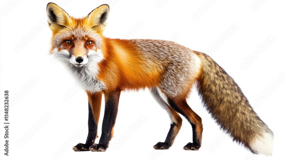 Lifelike illustration of a red fox standing on a white background, showcasing the rich colors and unique features of this wild animal, highlighting its natural beauty and charm. Lifelike illustration of a red fox standing on a white background, showcasing the rich colors and unique features of this wild animal, highlighting its natural beauty and charm.