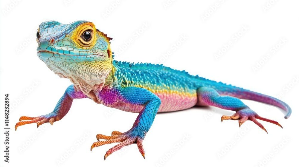 Naklejka premium Vibrantly Colored Lizard with Blue, Green, and Pink Scales Posing on White Background, Showcasing its Unique Features and Stunning Patterns in Nature