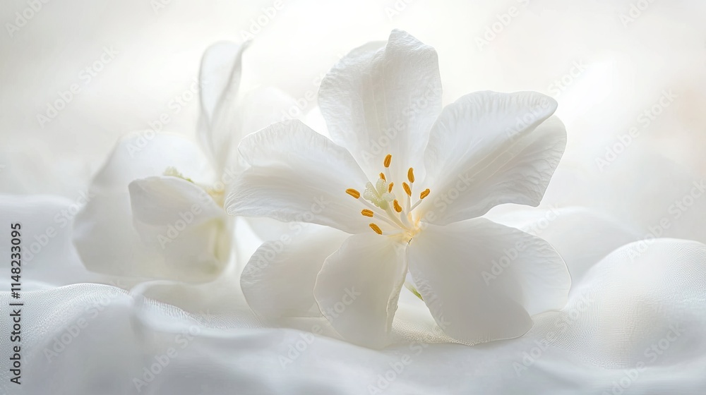 Delicate White Flower Petals on Soft White Fabric with a Dreamy Background, Perfect for Nature and Wedding Themes, Evoking Serene and Tranquil Emotions Delicate White Flower Petals on Soft White Fabric with a Dreamy Background, Perfect for Nature and Wedding Themes, Evoking Serene and Tranquil Emotions