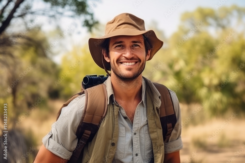 Portrait of a smiling hiker looking at camera in the countryside Portrait of a smiling hiker looking at camera in the countryside