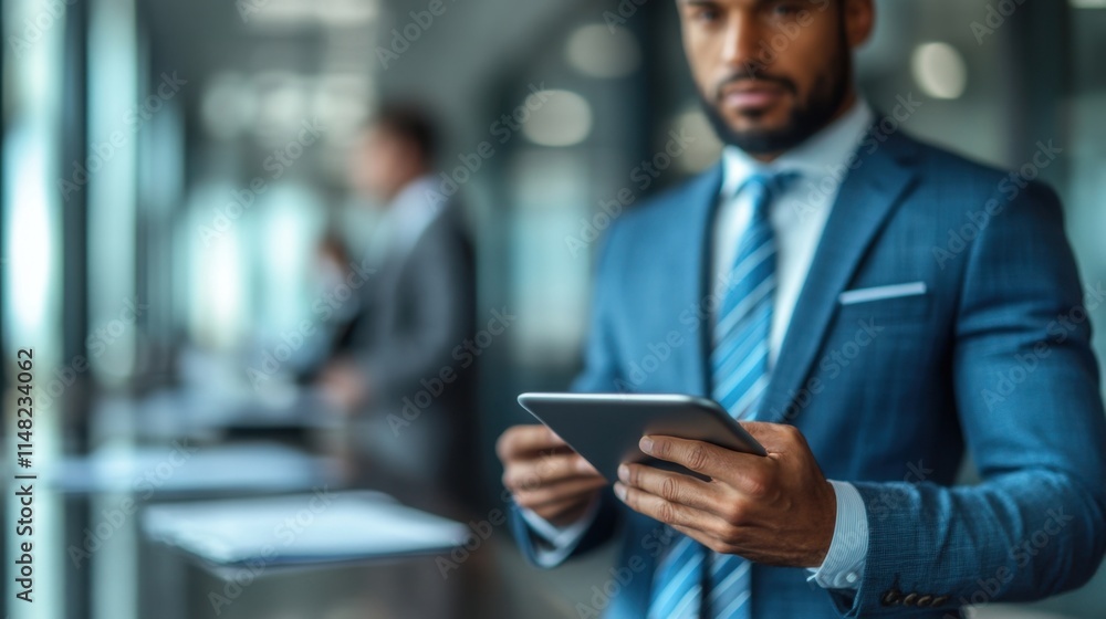 Fototapeta premium Focused businessman using tablet, modern office backdrop.