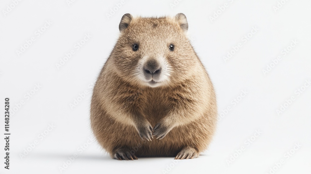 Adorable and fluffy wombat standing upright on a bright white background, showcasing its playful nature and inviting expression, perfect for wildlife and animal lovers