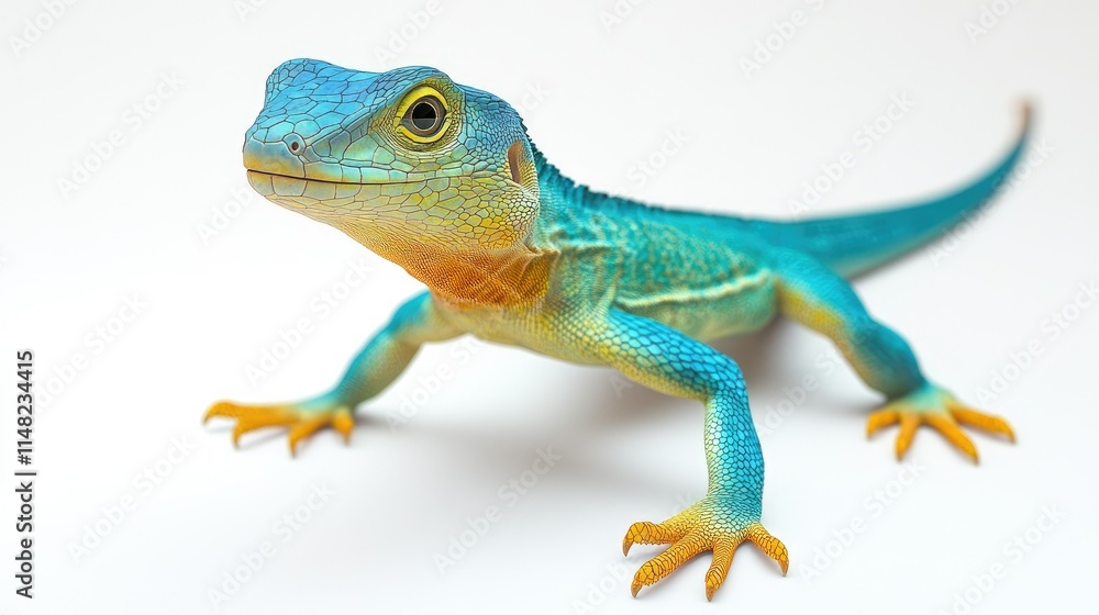 Naklejka premium Vivid Blue Green Lizard with Detailed Scales and Bright Yellow Claws Posing on a Clean White Background for Nature and Wildlife Themes