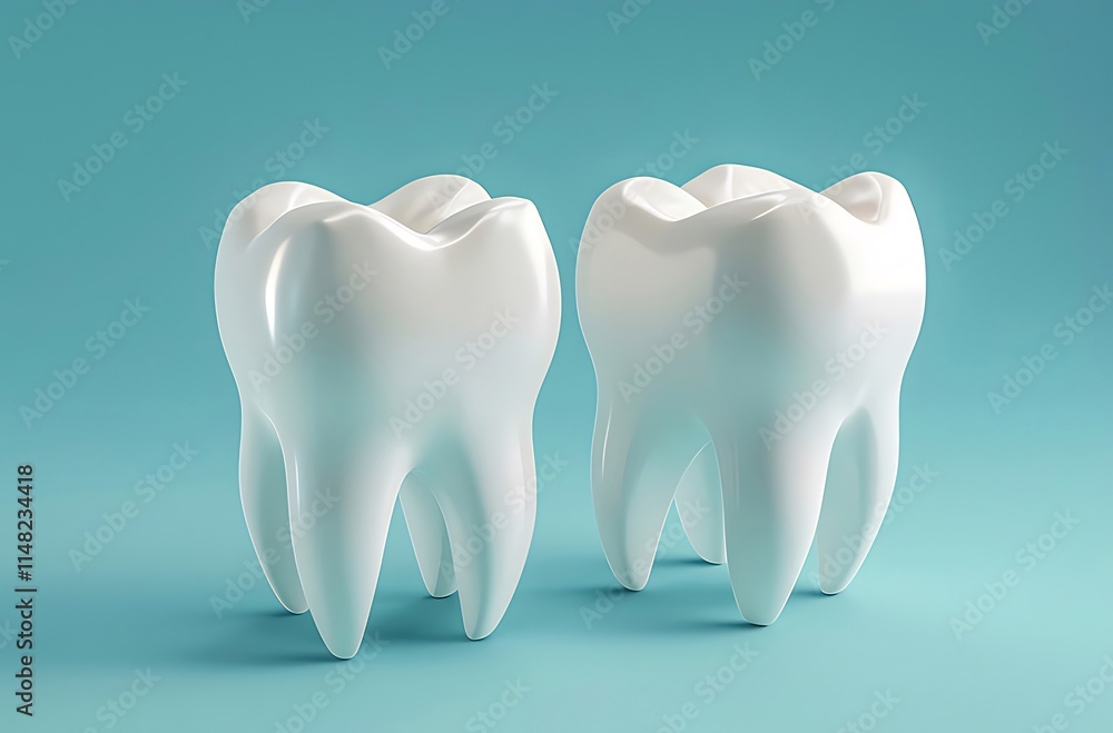 Two shiny white teeth on a light blue background. Two shiny white teeth on a light blue background.