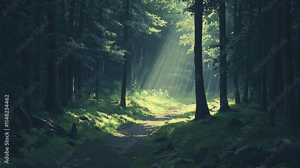 Fototapeta premium Sun rays through trees.