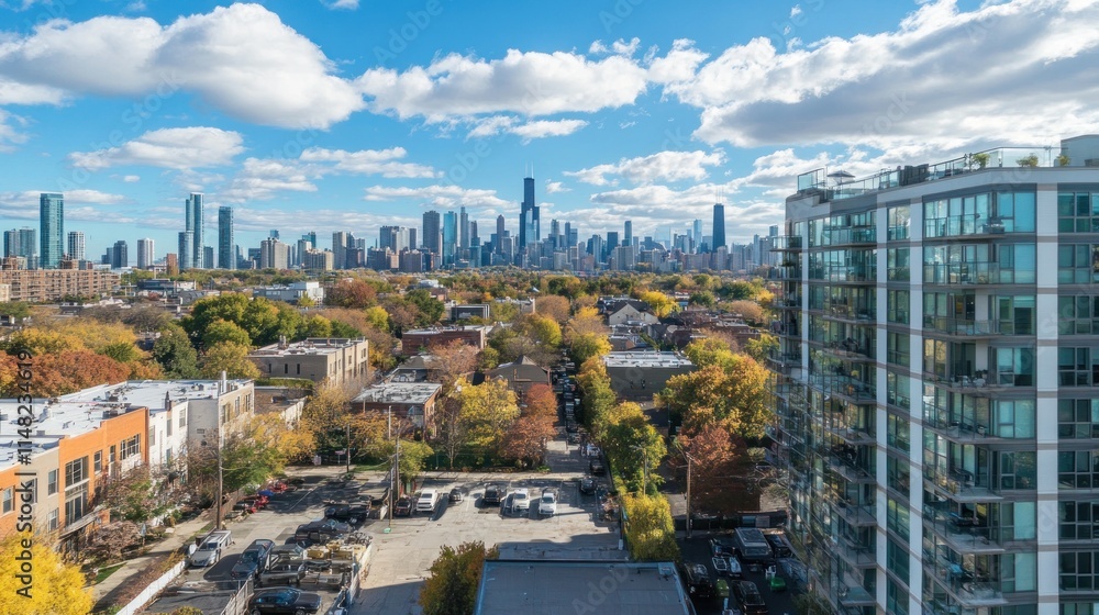 City skyline view with autumn trees and modern building.