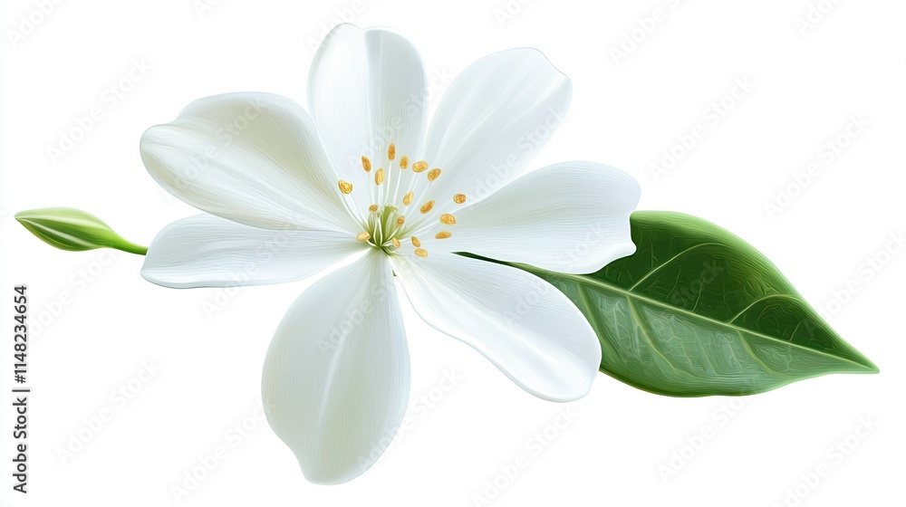 Delicate White Flower with Leaf Isolated on White Background, Symbolizing Purity and Simplicity in Floral Design for Nature Inspired Projects and Artwork Delicate White Flower with Leaf Isolated on White Background, Symbolizing Purity and Simplicity in Floral Design for Nature Inspired Projects and Artwork