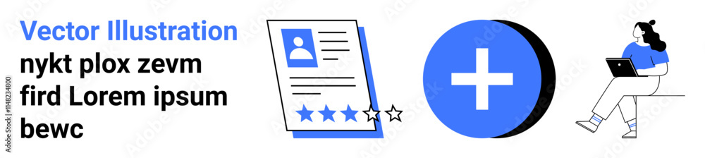 Digital resume with star ratings, medical plus symbol, woman using laptop for remote work. Ideal for job applications, healthcare services, telecommuting, online education, digital nomad lifestyle Digital resume with star ratings, medical plus symbol, woman using laptop for remote work. Ideal for job applications, healthcare services, telecommuting, online education, digital nomad lifestyle