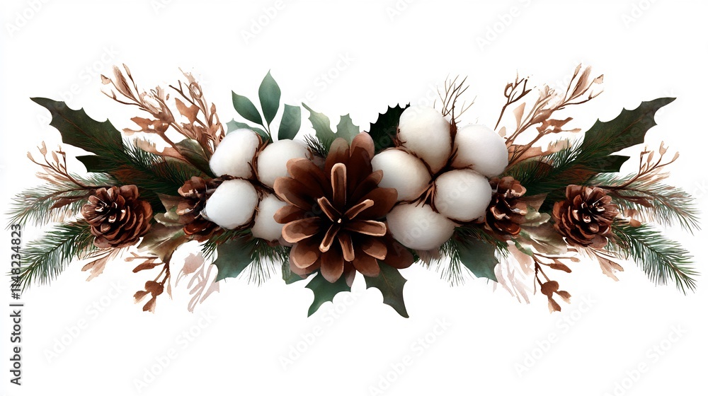 Rustic Winter Floral Arrangement with Cotton, Pine Cones, and Holly Rustic Winter Floral Arrangement with Cotton, Pine Cones, and Holly