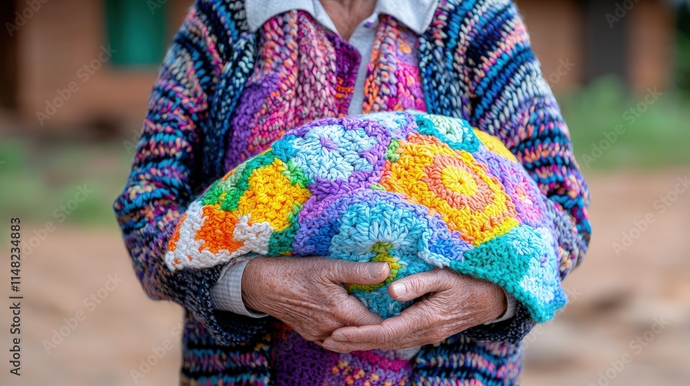 Obraz premium Elderly woman holding a colorful crocheted blanket.