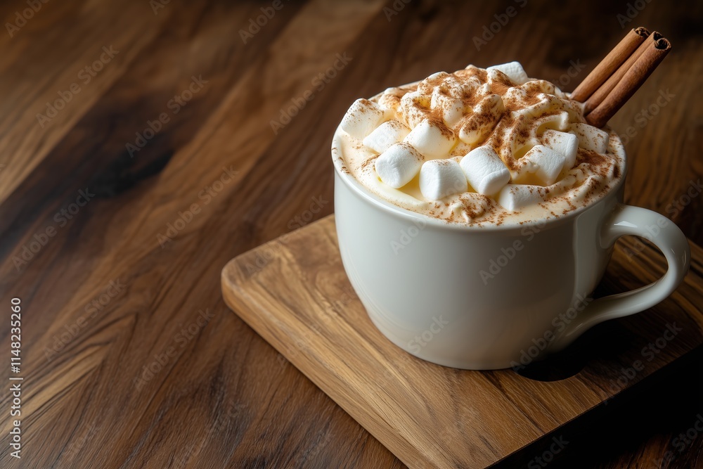 Creamy hot chocolate with marshmallows and cinnamon sticks in a white mug on a dark wood background Creamy hot chocolate with marshmallows and cinnamon sticks in a white mug on a dark wood background