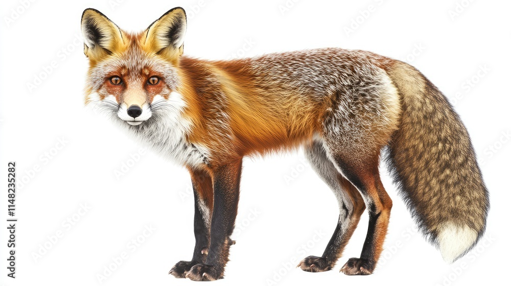 Fototapeta premium Realistic Illustration of a Red Fox Captured in a Bright White Background Perfect for Wildlife, Nature, and Animal-Themed Projects in Stock Photography