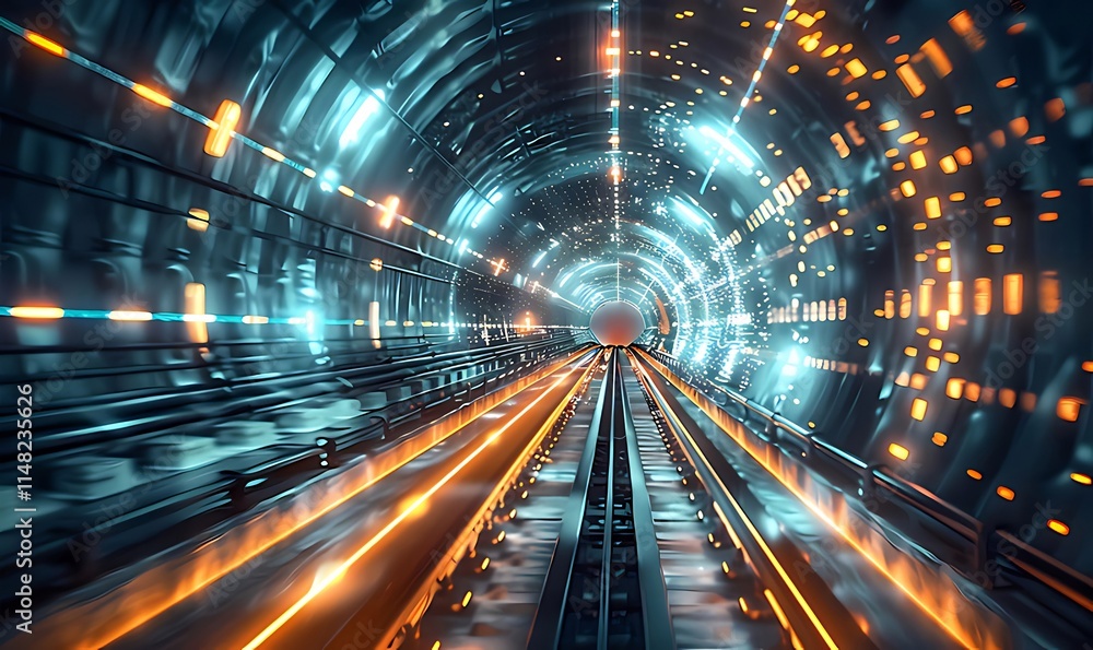 Futuristic high-speed train speeding through a glowing tunnel. Futuristic high-speed train speeding through a glowing tunnel.