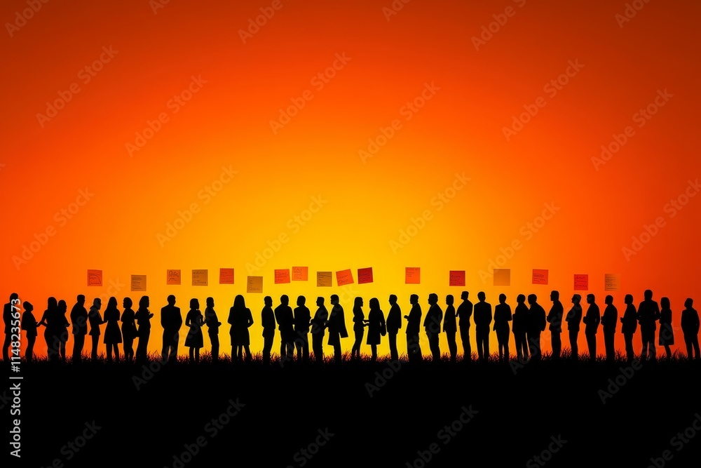 Group of Diverse Silhouettes Against a Vibrant Sunset with Colorful Note Cards Displaying Messages of Hope, Unity, and Community Engagement in a Urban Setting Group of Diverse Silhouettes Against a Vibrant Sunset with Colorful Note Cards Displaying Messages of Hope, Unity, and Community Engagement in a Urban Setting